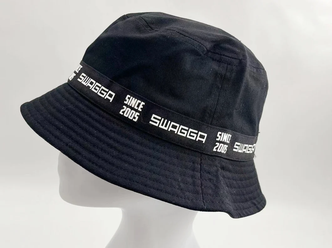 Simple Black Child Bucket Hat with Print Ribbon and Decoration Button